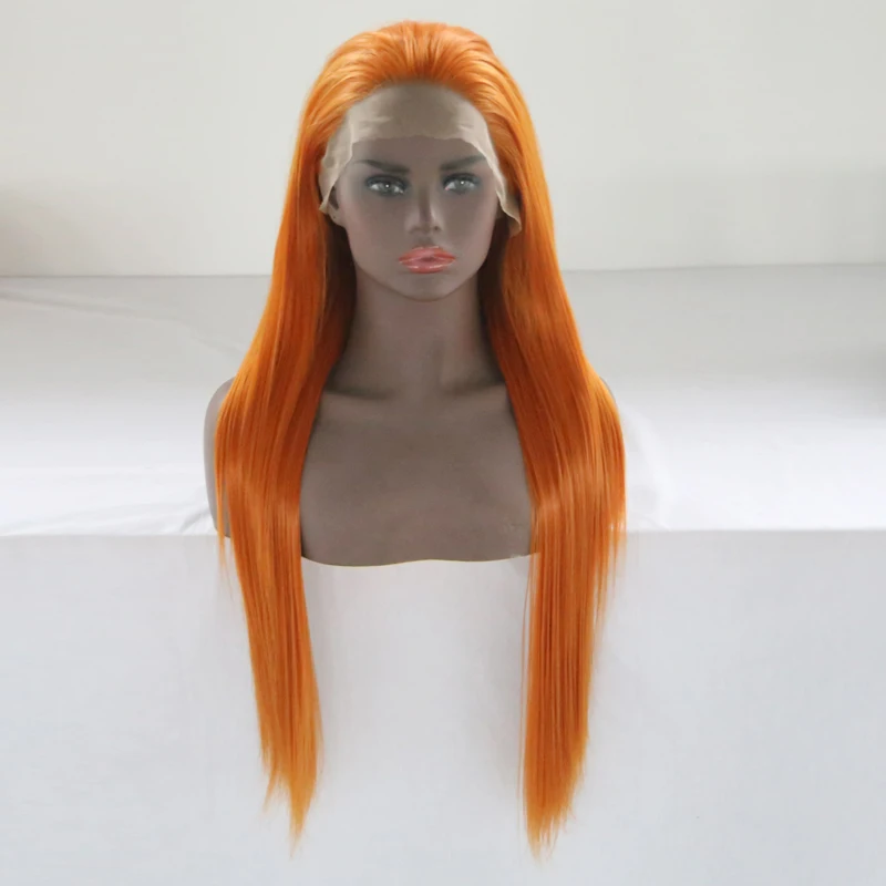 

RONGDUOYI High Temperature Fiber Hair Long Orange Synthetic Cosplay Wig Silky Straight Blonde Orange Lace Front Wigs for Women