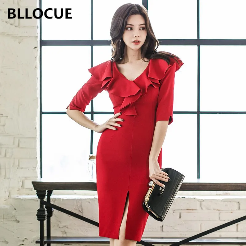 BLLOCUE, новинка, корейское подиумное женское вечернее платье, весеннее красное с v-образным вырезом и оборками, тонкое облегающее платье-карандаш с разрезом