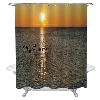 

Birds Shower Curtain Set,Silhouettes of Canadian Geese Flying Over a Lake at Sunrise Romantic Scenery Waterproof Fabric Bathroom