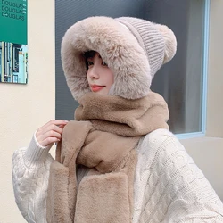 шапка New Fashion Imitation Rabbit Hair Warm Hat Scarf One Female Autumn Winter Ear Protection Bib Gloves Plush Three Piece Set