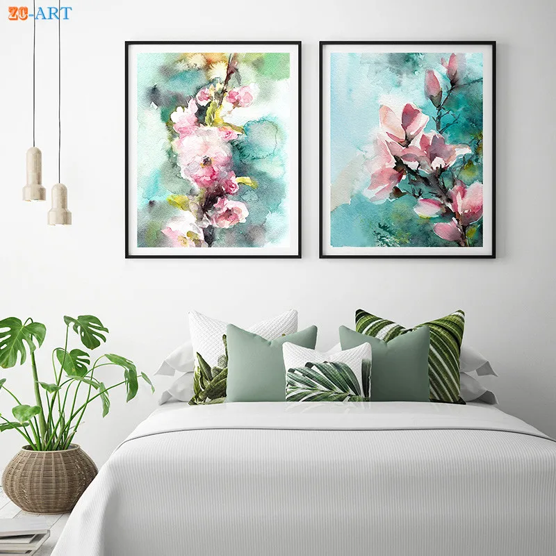 Розовая Вишня Цветущая ветка Роза цветочная Акварельная живопись Современная