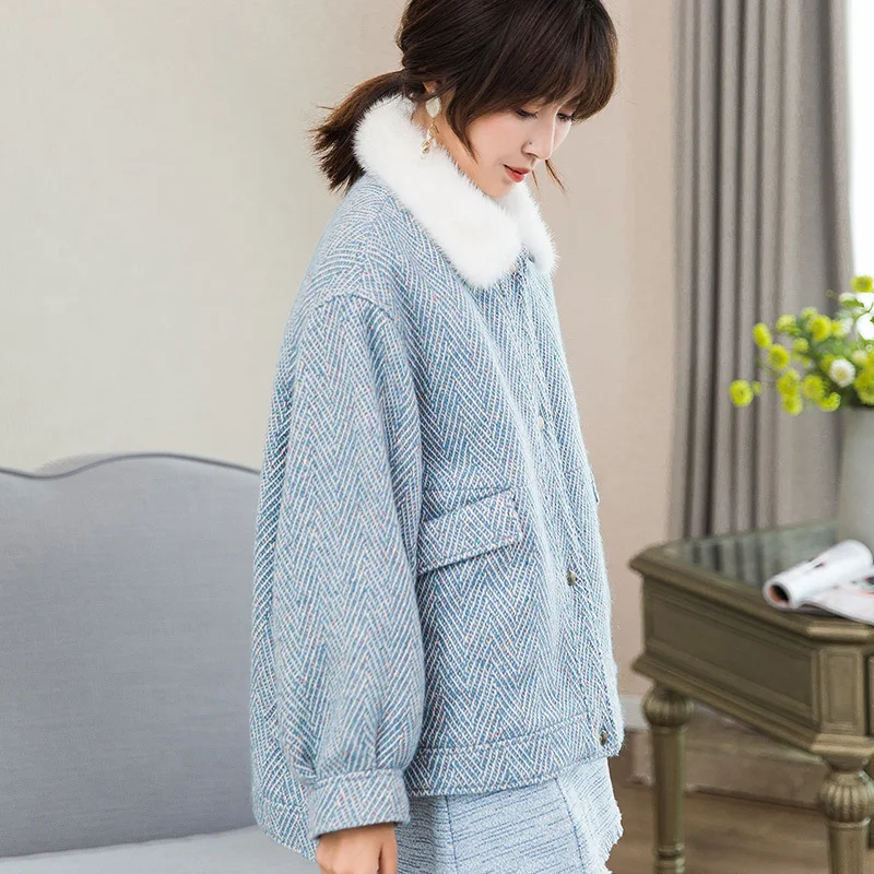 

Fur Lamb Natural Liner Short Women's Fur Coat 2020 Winter Warm Woolen Tweed Jacket Real Mink Fur Collar 18617 WYQ1839