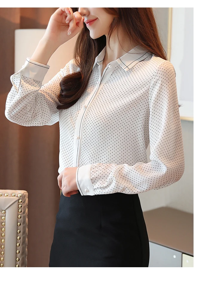 Blusas femininas рубашка женские топы белая шифоновая блузка и черная блузка на пуговицах с длинным рукавом в горошек шифоновая блузка OL Топы 0252