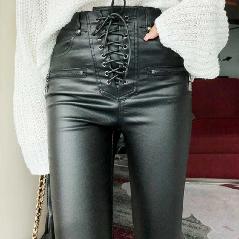 Single-breasted Stretch Fleece Winter Pants Women PU Warm Female Pencil Velvet Trousers Skinny Leather Pants - Цвет: Black