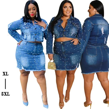 

Women Set Denim Tracksuits Long Sleeve Crop Top Mini Skirts suits Pearls Two Piece Suit Plus Size Set F667