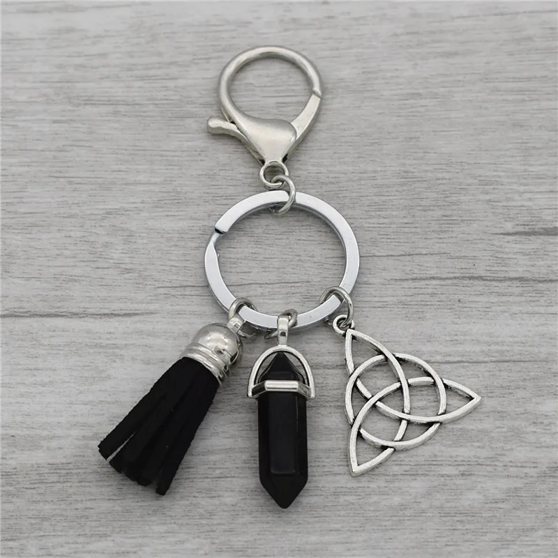 

10pcs/lot Wholesale Triquetra Trinity Knot Key Chain Natural Stone Jewelry Key Ring Charms Tassel Pendant KeyChain Handbag Gifts