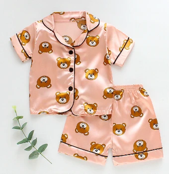 

Newborn Infant Baby Kids Cartoon Bear Two-piece Pajamas Girls Short Sleeve Lapel Top with Button Elastic Waistband Shorts Set