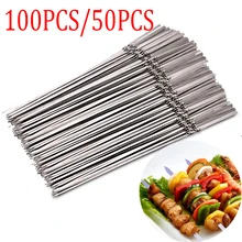 50/100pc Stainless Steel Skewer Reusable Flat Barbecue Skewer Bbq Needle Stick Garden Outdoor Camping Tool bbq Grill Accessories