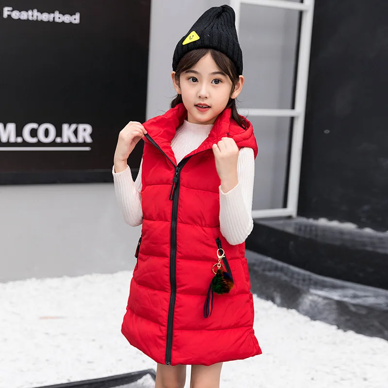 Kids Clothes Girls Vest Hooded Sleeveless Outerwear Winter Warm Children Solid Coats Vest Patchwork Cotton-padded Waistcoat - Цвет: red