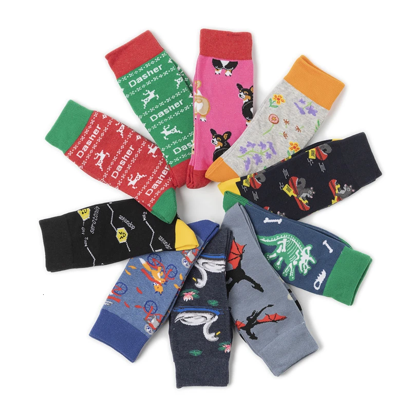 CHAOZHU, 1 пара, мужские Модные носки, 10 цветов, Мультяшные забавные животные, носорог, дракон, коки, лебедь, рождественский подарок бойфренду на день рождения, носки