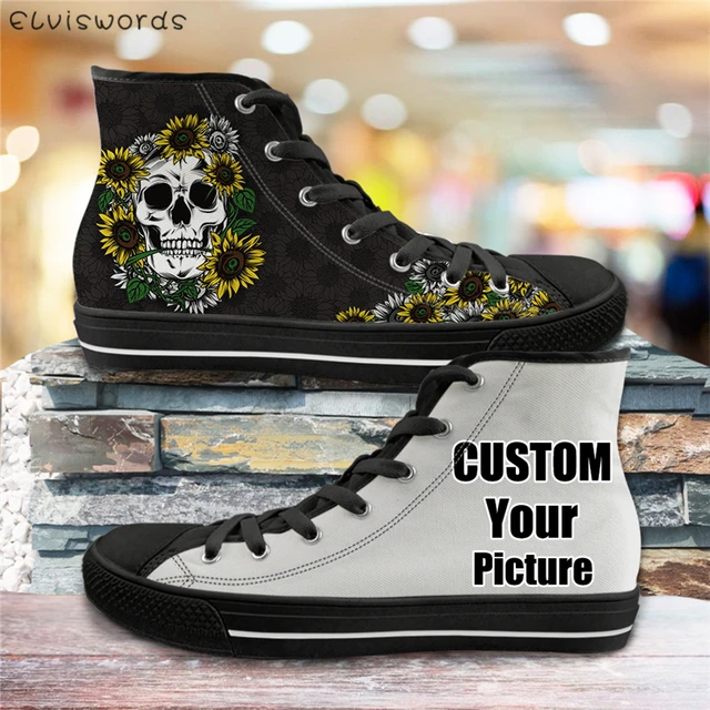ELVISWORDS 3D Painting Horse Black High Top Women Casual Canvas Shoes Womens Vulcanize Flats Shoes Spring Woman Girls Sneakers Print Own Image-Z38