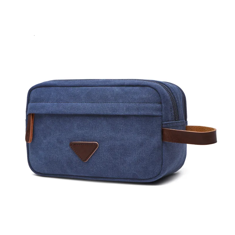 Portable Washed Canvas Double Zipper Cosmetic Bag Makeup Case Travel Organizer - Цвет: Синий