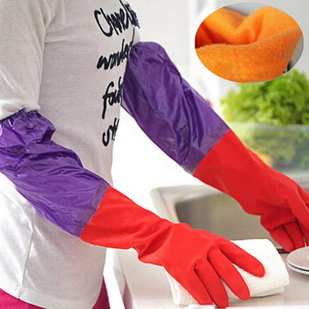 Extended Plush Household Warm Gloves Latex Gloves Laundry Dishwasher Waterproof Long Gloves
