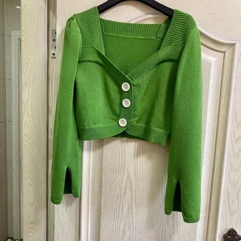 

Women Sweater 2020 Spring / Summer New Square Collar Long Sleeve Button-down Green Knitted Women's Shirt