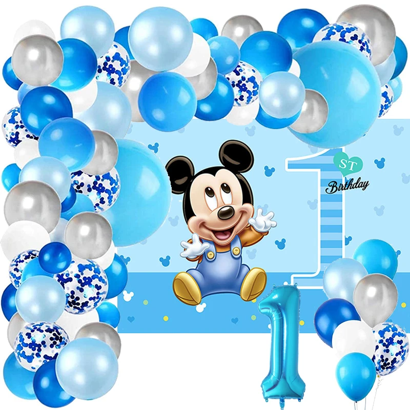 132 Piezas De Decoracion De Fiesta De Mickey Mouse Azul Para Primer Cumpleanos Globos Para Baby Shower Kit De Arco De Guirnalda Decoracion De Fondo De Mickey Encantador Decoraciones Diy De Fiestas