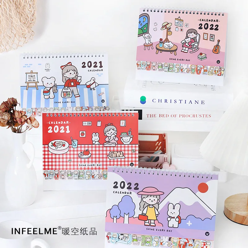 2022 NEW Kawaii Cute Girl Rabbit Calendar with Sticker Coil Schedule Creative Desk Table Dates Reminder Timetable Planner sl3063 weekly monthly check list work plan square paper notebook diary agenda daybook cute ticket memo pads note to do list planner
