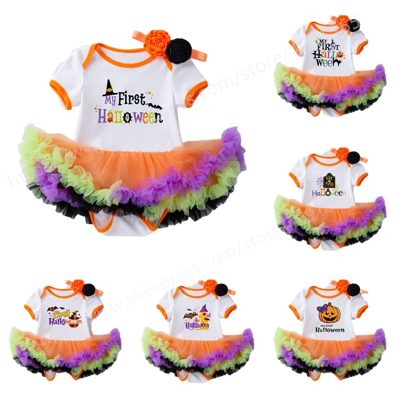 

Toddler Baby Girl Halloween Clothes Pumpkin Short Sleeve Princess Dresses Lace Tutu Skirt Outfits