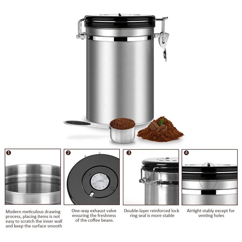 Airtight Coffee Canister Set,1800 Ml Large Stainless Steel Tea& Coffee Storage Coffee Beans