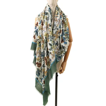 

Floral Print 100% Wool Scarves Wraps Pashmina Shawl for Women Fashion Spring Scarves 144*140cm