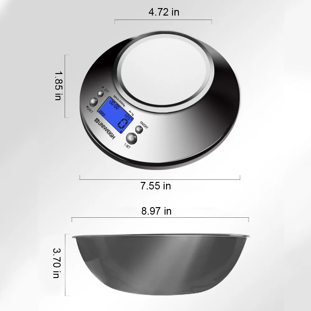 고정밀 디지털 주방 저울, 이동식 그릇, 실내 온도, 알람 타이머, 스테인레스 스틸 천칭, 11lb/5kg 식품 저울