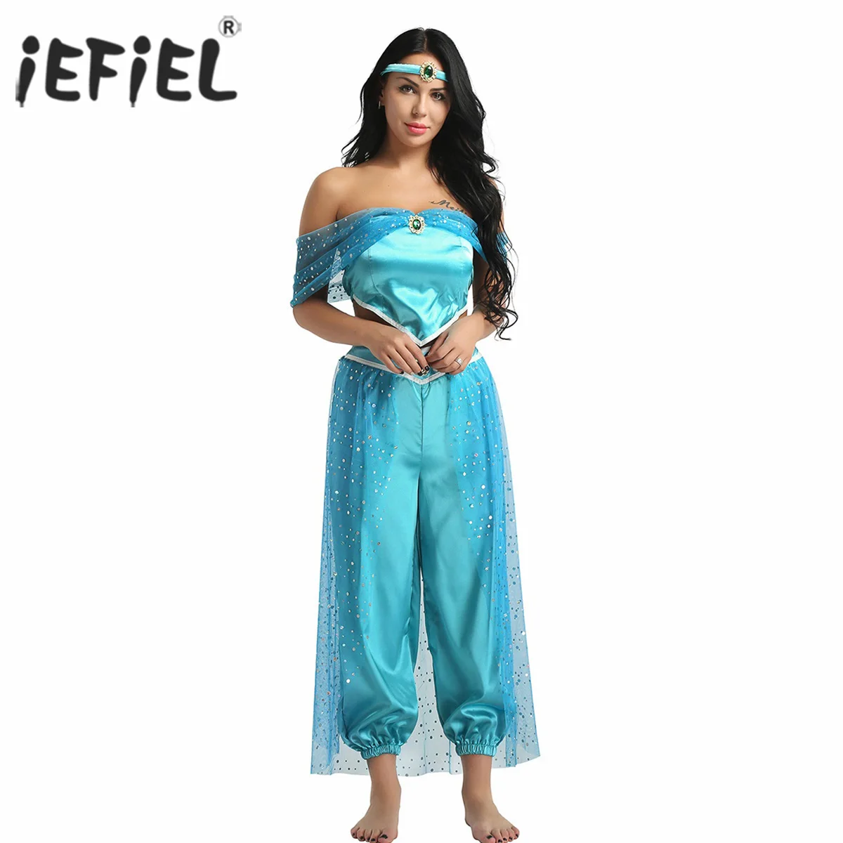 

Women Adult Princess Glittery Sequins Costume Off Shoulder Crop Top with Pants and Headband for Halloween Cosplay Party Dress Up