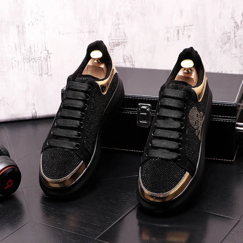 2021 New Mens Luxury Designer Black Rhinestone Shoes Causal Flats Moccasins Male Thick Bottom Rock Hip Hop Crystal Sneakers