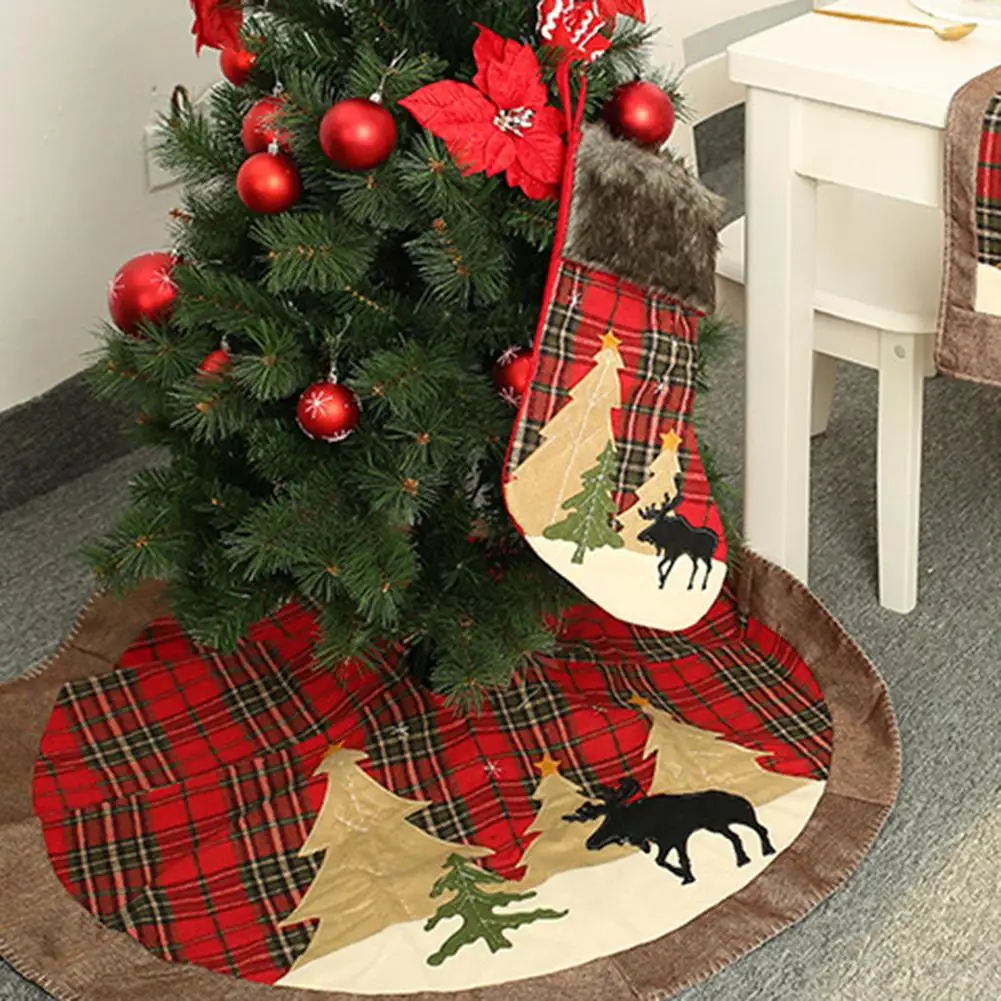 

105cm Durable Buffalo Plaid Christmas Tree Skirt Soft Cloth Elk Print Apron Christmas Tree Carpet Christmas Party Decoration