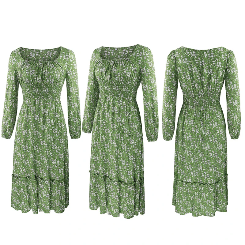 Chifirena Elegant Party Mid-Length Vintage Autumn Dress Women Square Collar Floral Print Ruffles Casual Dresses Minie Vestidos