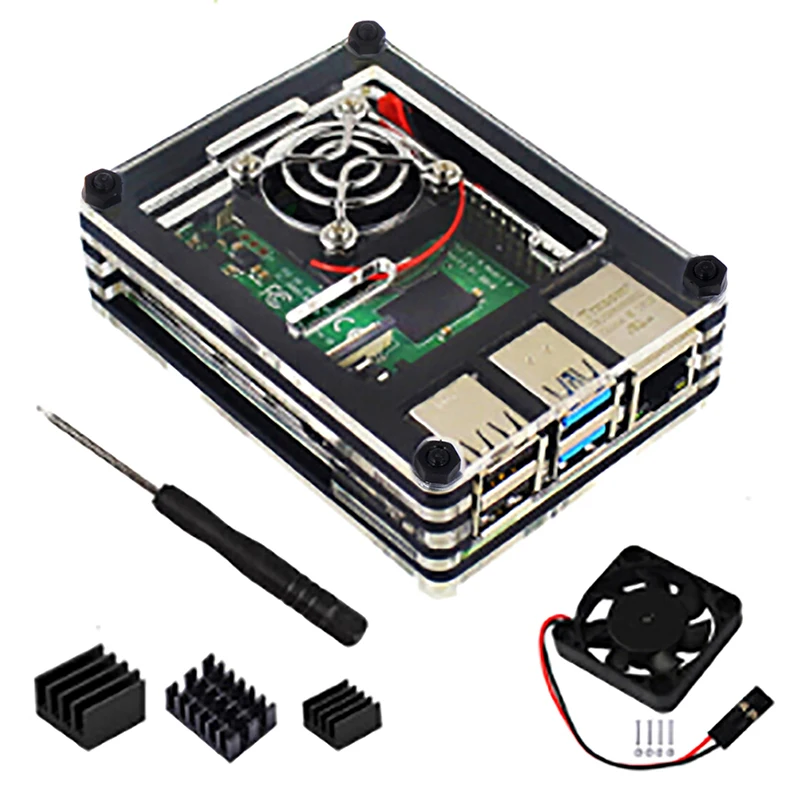 Акриловый чехол с охлаждающими вентиляторные радиаторы для Raspberry Pi 4B