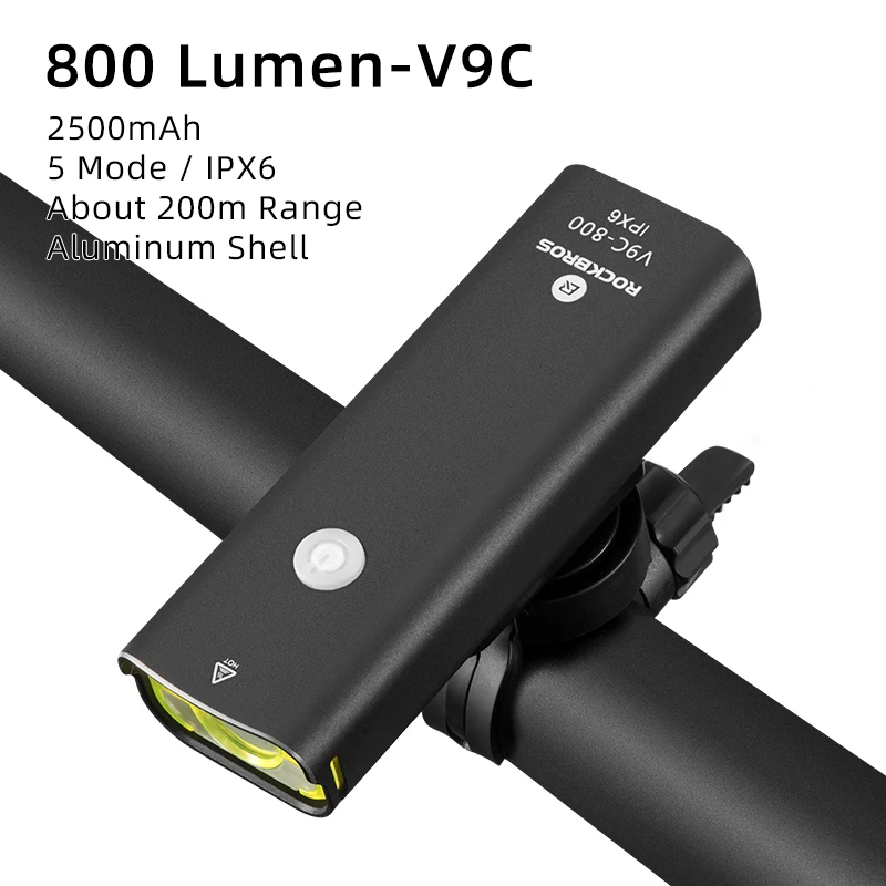 V9C-800 ROCKBROS велосипедный светильник, непромокаемый, USB, перезаряжаемый, светодиодный, 2000 мА/ч, MTB, передняя лампа, головной светильник, алюминиевый, ультра-светильник, светильник-вспышка, велосипедный светильник - Цвет: V9C-800