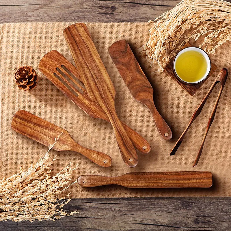 

6 Pcs Wooden Spurtle Set Teak Spurtle Set Heat Resistant Wooden Spatula Cooking Utensils Set Non-Stick Spoons