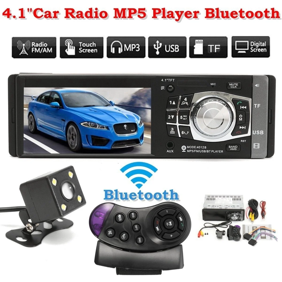 4," Bluetooth 1 Din автомагнитола стерео HD AUX FM USB TF MP5 плеер с камерой заднего вида+ пульт дистанционного управления