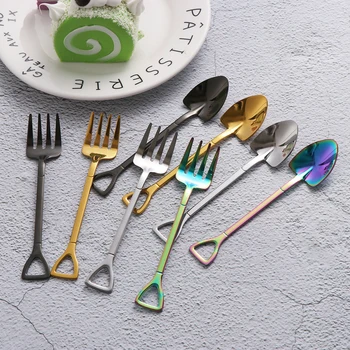 

1PC New Multicolor Stainless Steel Shovel Shape Spoon Fork Long Handle Soup Coffee Ice Cream Spoons Flatware Kitchen Supplies