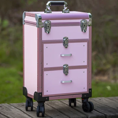 Коробка для Макияжа Косметический Чехол для багажа по маникюру костюм чехол сумка масштабируемый визажиста Алюминий рамка+ ПВХ+ огнестойкий материал тележка - Цвет: pink