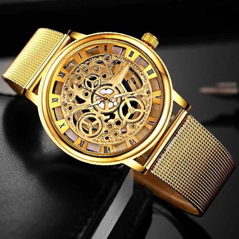 Mens Fashion Hollow Watches Men Business Watch Male Stainless Steel Mesh Belt Skeleton Quartz Wrist Watch relogio masculino 4