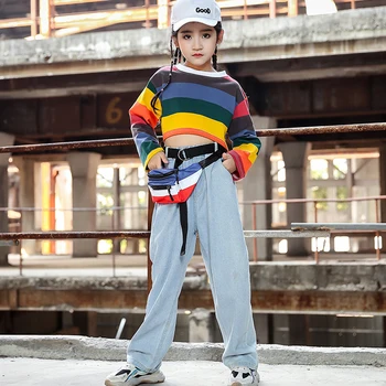 

2020 New Hip Hop Clothing Kids Street Wear Rainbow Tops Loose Jeans Rave Clothes Balroom Dress Festival Performance Outfits 1658