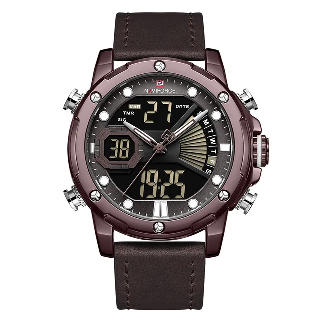 NAVIFORCE мужские часы Топ люксовый бренд Модные кварцевые мужские наручные часы водонепроницаемые кожаные Цифровые мужские часы Relogio Masculino - Цвет: coffee