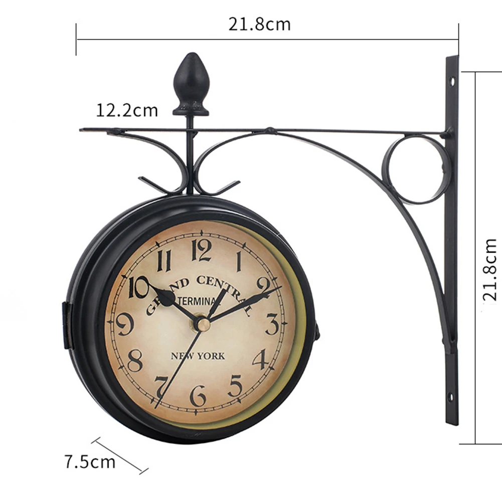 Station Mount European Style Hanging Metal Garden Retro Decoration Vintage Round Battery Powered Wall Clock Outdoor Double Sided