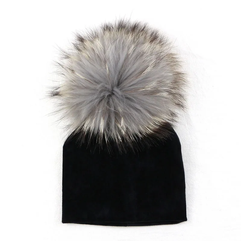 Sunlikeyou, двойной толстый теплый бархат, детская зимняя шляпа для фотографирования новорожденных, реквизит, натуральный мех енота, помпон, шапочка для малышей - Цвет: black B