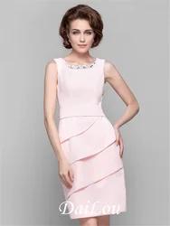 Sheath/Column Mother of the Bride Dress Jewel Neck Knee Length Chiffon Sleeveless With Crystals Beading Ruffles 2022