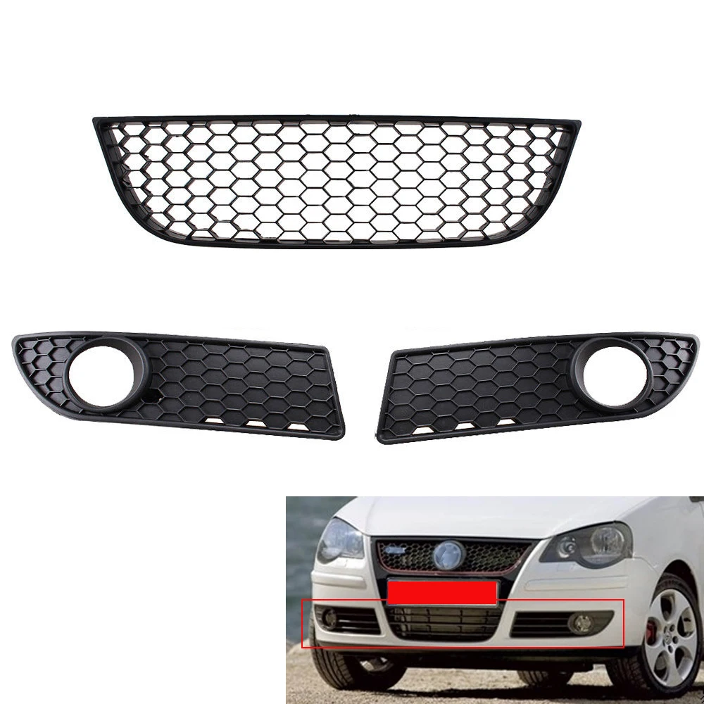 3Pcs/Set Car Front Bumper Grille Fog Light Grill For VW Polo 2005 2009