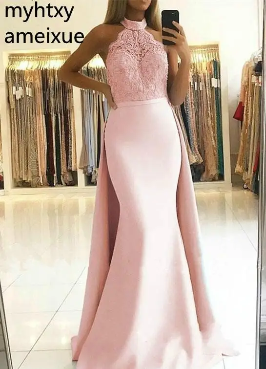 

Mermaid Halter Neck Pink Yellow Blue Custom Prom Dresses 2019 Appliques Top Wear Evening Party Gown Plus Size Prom Dress Elegant