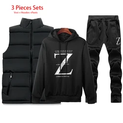 Treino de inverno masculino casual moletom moletom dos homens conjunto 3 peças colete quente moletom com capuz carta impressa