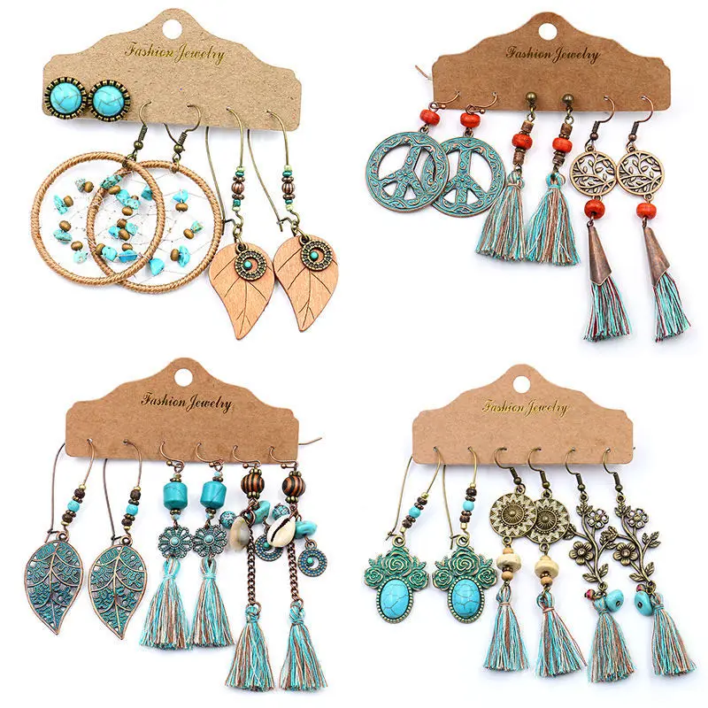 

Peixin Vintage Ethnic New Bronze Earrings Set For Women Bohemian Flower Shell Tassel Geometric Water Drop Earring for women