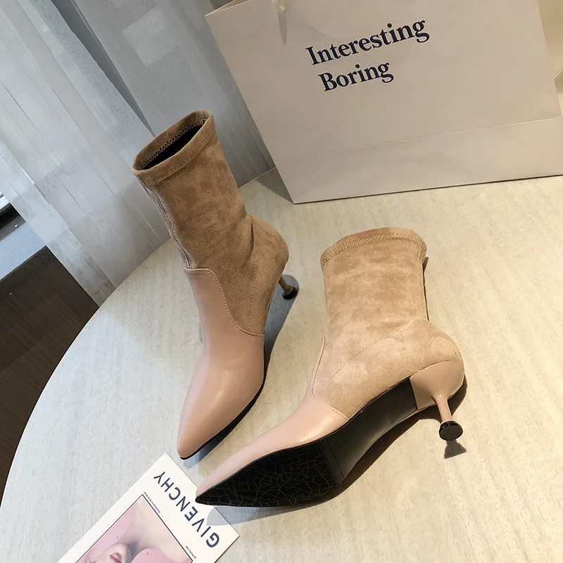 elegant ladies pointed toe leather patchwork winter boots slip on kitten high heels flock med-calf boots stretch sock botines y2