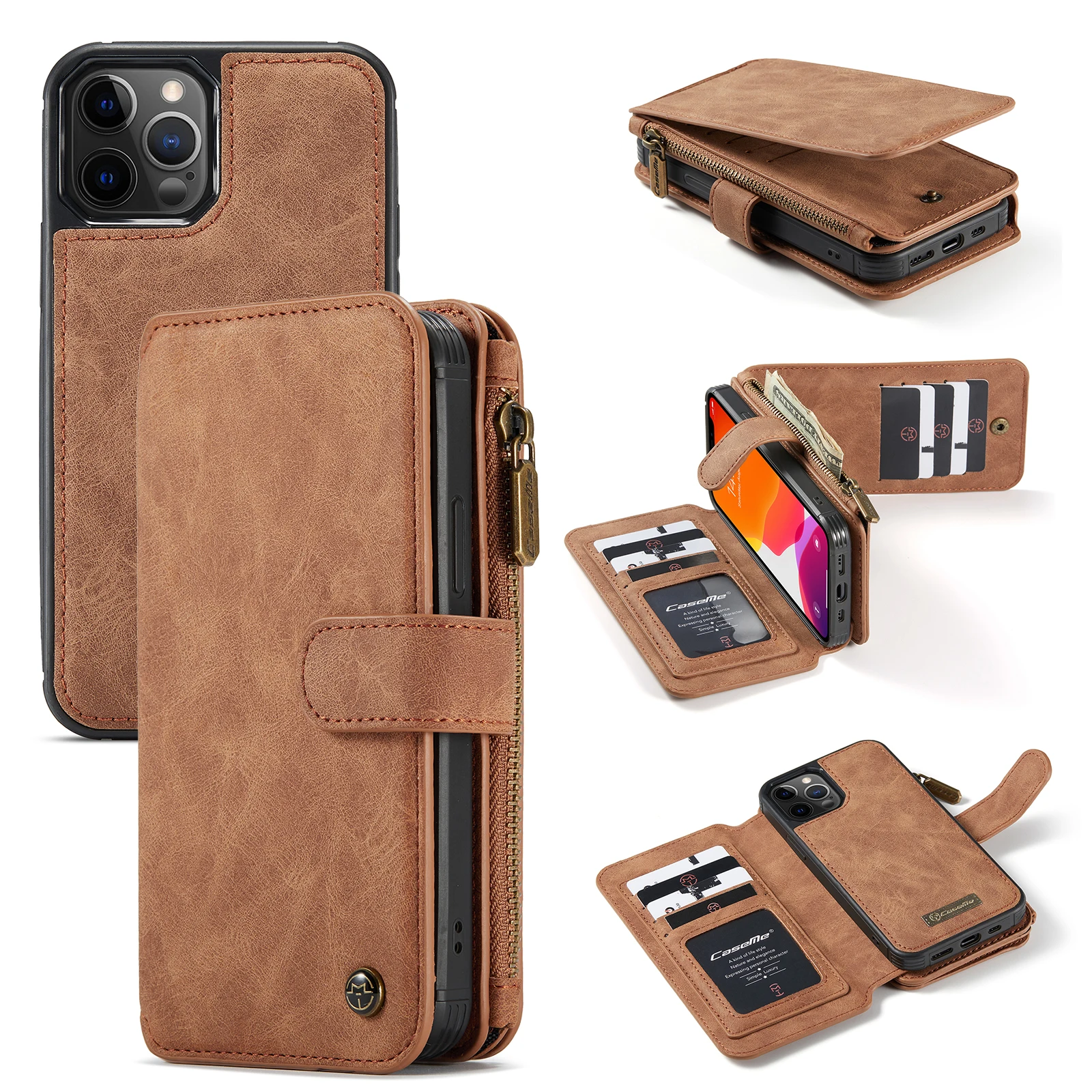 CaseMe For iPhone 12 Pro Max/12 mini Zipper Wallet Leather Original Flip Wallet Case Zipper Flip Leather Cover For iPhone 11 pro