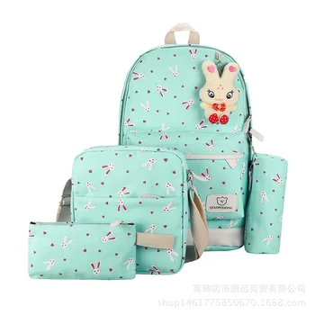 

4Pcs Womens Backpack School Bags Lace Up Shoulder Bag Bandage Canvas Rucksack Girl Printing Cute Animal Backpacks Sets