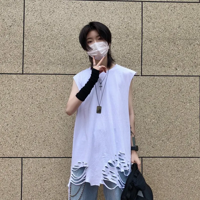 Корейский Harajuku летняя уличная мужская белая жилетка Плюс Размер Топ wo Мужская хип-хоп круглое отверстие шеи без рукавов Футболка женская рваная