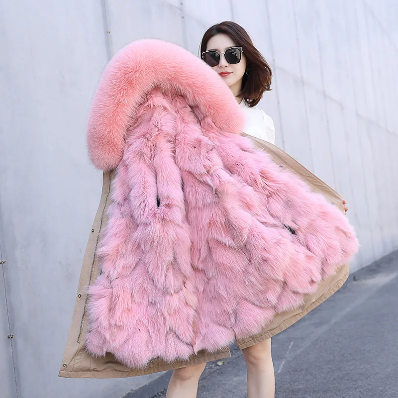 khaki pink Женское пальто из натурального меха лисы, Зимняя парка, Женская ветровка, женская одежда Abrigos Mujer Invierno 1903 YY690 - Цвет: khaki pink