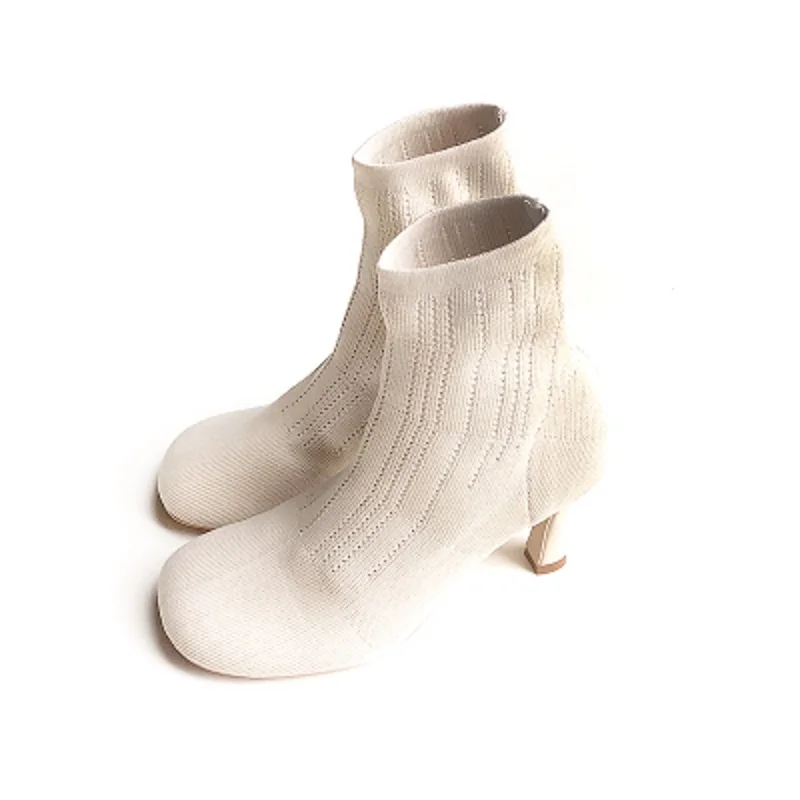 

2019 Spring and Autumn Roman socks boots Martin women's boots thick with high heels stretch boots square head knitted booties